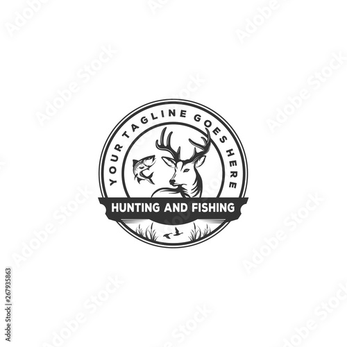 hunting and fishing vector background , vintage idea with fish, deer and duck illustration