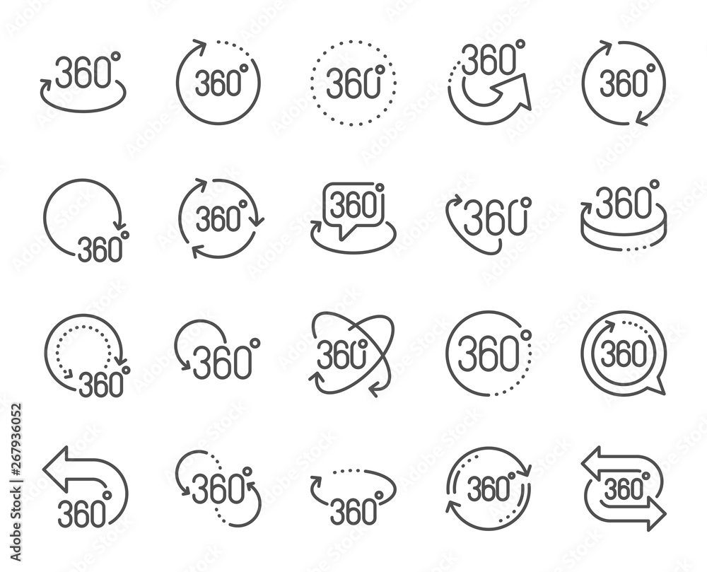 360 degree line icons. Rotate arrow, VR panoramic simulation and augmented reality. 360 degree virtual gaming, abstract geometry, full rotation view icons. Vr tour, game reality. Vector 360 degree line icons. Rotate arrow, VR panoramic simulation and augmented reality. 360 degree virtual gaming, abstract geometry, full rotation view icons. Vr tour, game reality. Vector