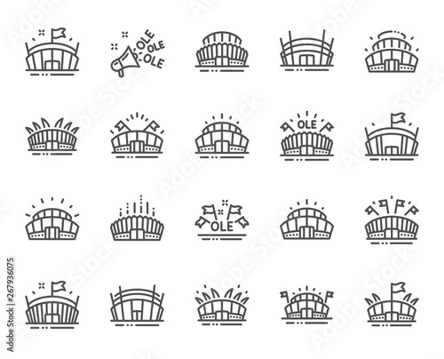 Sports stadium line icons. Ole chant, arena football, championship architecture. Arena stadium, sports competition, event flag icons. Sport complex, megaphone or loudspeaker. Vector
