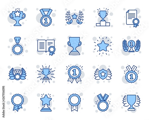 Award line icons. Set of Winner medal, Victory cup and Laurel wreath award icons. Reward, Certificate and Diploma message. Glory shield, Prize winner, rank star, diploma certificate. Vector