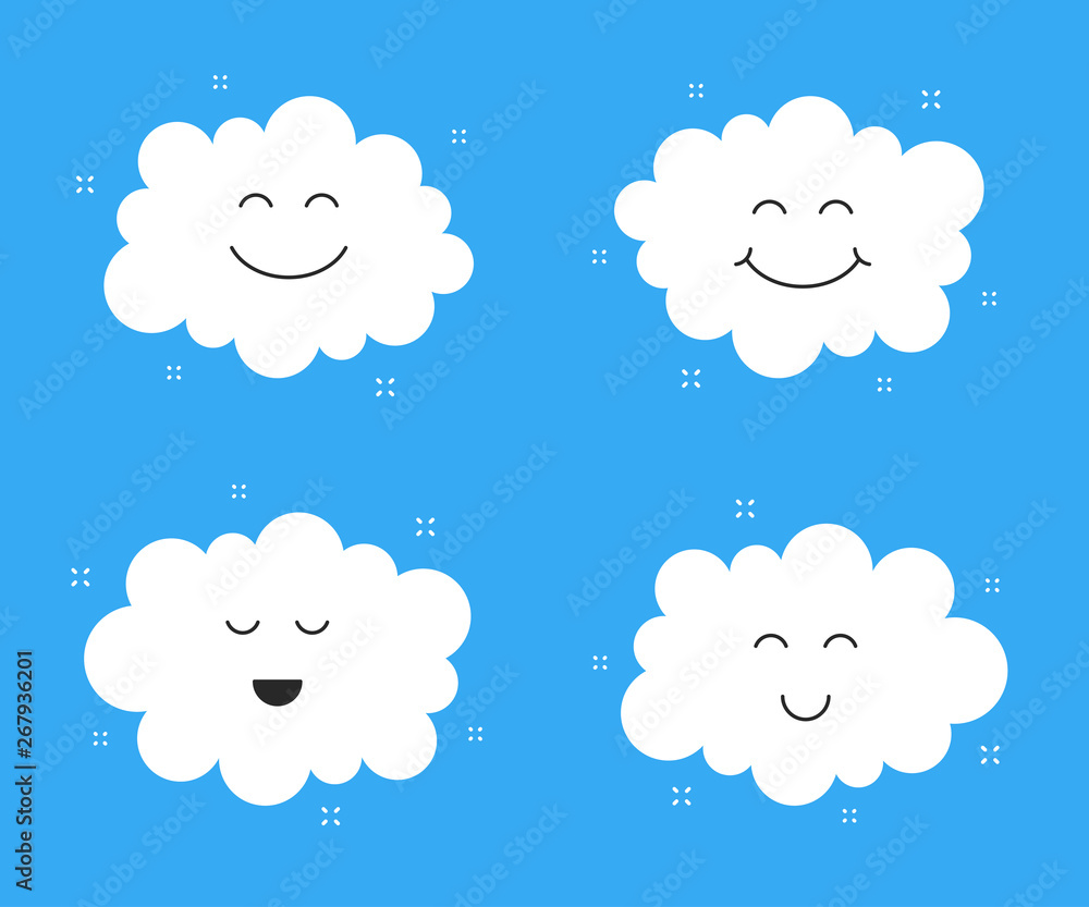 Cute clouds. Smile and yummy happy face. Cloud icons. Cartoon emoji face. Funny weather clouds. Cloudy summer blue sky. Cute smile vector
