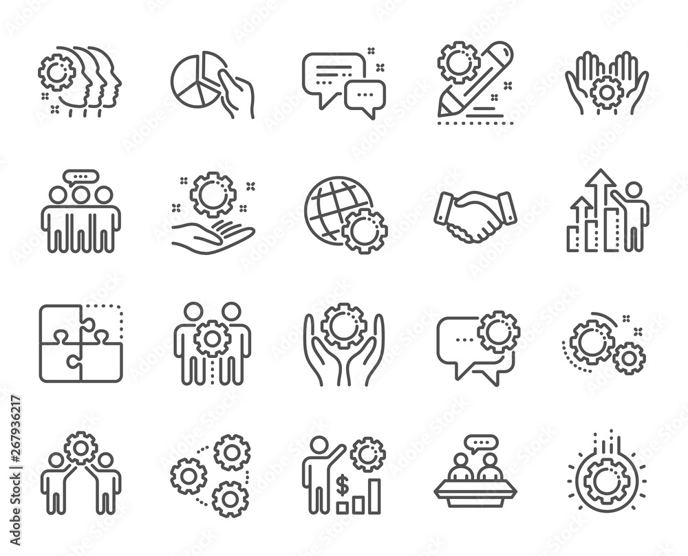 Employees benefits line icons. Business strategy, handshake and people collaboration. Teamwork, social responsibility, people relationship icons. Growth chart, employees benefits. Vector
