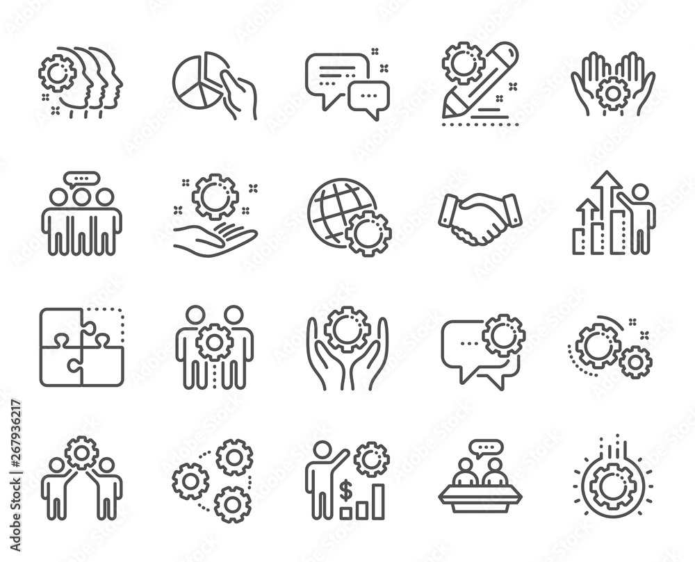 Employees benefits line icons. Business strategy, handshake and people collaboration. Teamwork, social responsibility, people relationship icons. Growth chart, employees benefits. Vector Employees benefits line icons. Business strategy, handshake and people collaboration. Teamwork, social responsibility, people relationship icons. Growth chart, employees benefits. Vector