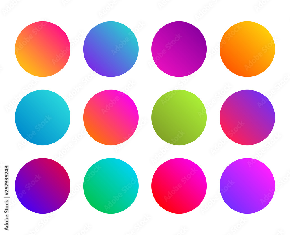Rounded gradient sphere button. Multicolor fluid circle gradients, colorful soft round buttons. Vivid color spheres set. Flat vector