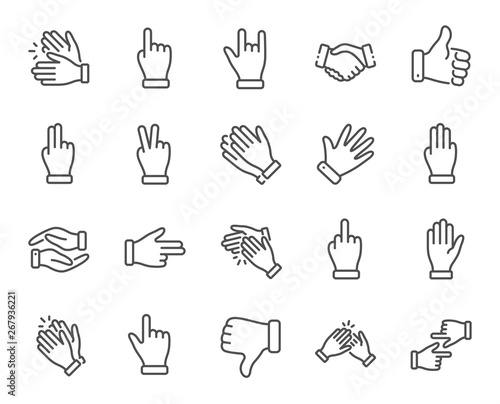 Hand gestures line icons. Handshake, Clapping hands, Victory symbol. Horns, Thumb up finger, drag and drop icons. Donation hand gestures, middle finger, palm. Helping hand vector sign.
