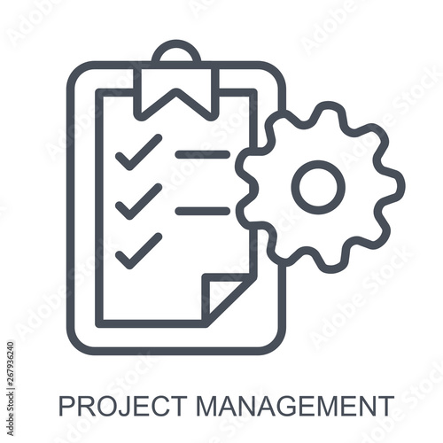 Clipboard and gear presenting project management concept. Flat outline vector icon