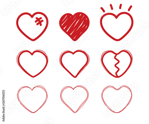 Heart doodle. Sketch drawing love hearts. Valentine day icons. Divorce, end of the relationship, broken heart. Romantic wedding set. Doodle love vector