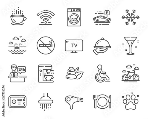 Hotel service line icons. Wi-Fi, Air conditioning and Coffee maker machine. Spa stones, swimming pool and bike rental icons. Hotel parking, safe and shower. Food, coffee cup. Vector