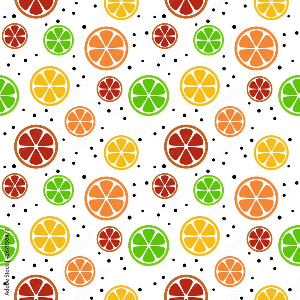 flat vector seamless pattern with abstract cartoon citrus slices and dots