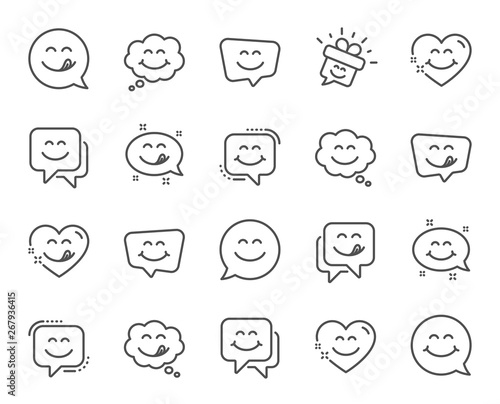 Yummy smile line icons. Emoticon speech bubble, social media message, smile with tongue. Tasty food eating emoji face icons. Delicious yummy speech bubble, happy emoticon. Vector