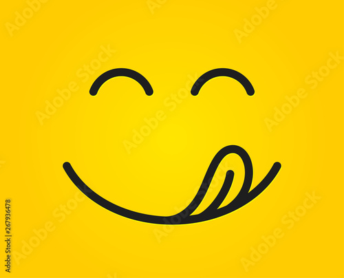 Yummy smile emoticon with tongue lick mouth. Tasty food eating emoji face. Delicious cartoon on yellow background. Face line design. Savory gourmet. Vector