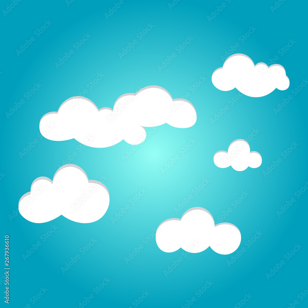 Blue sky with clouds, cartoon clouds set, vector illustration.