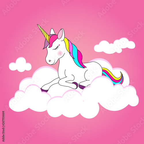 Unicorn on clouds  pink background  vector illustration.