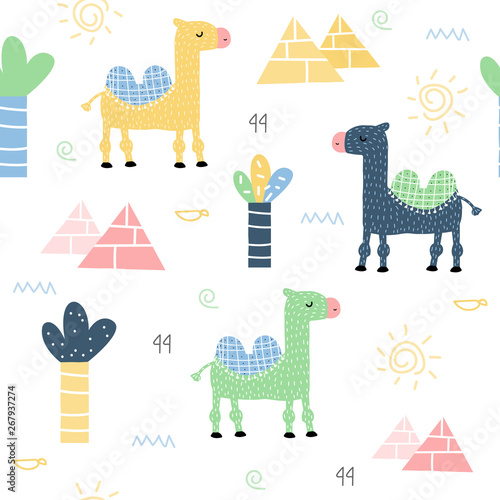 Seamless pattern with funny camel in the dessert. Kids textile print. Vector hand drawn illustration. 