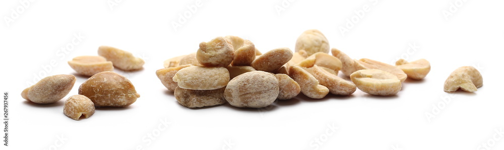 Dry roasted peanuts isolated on white background