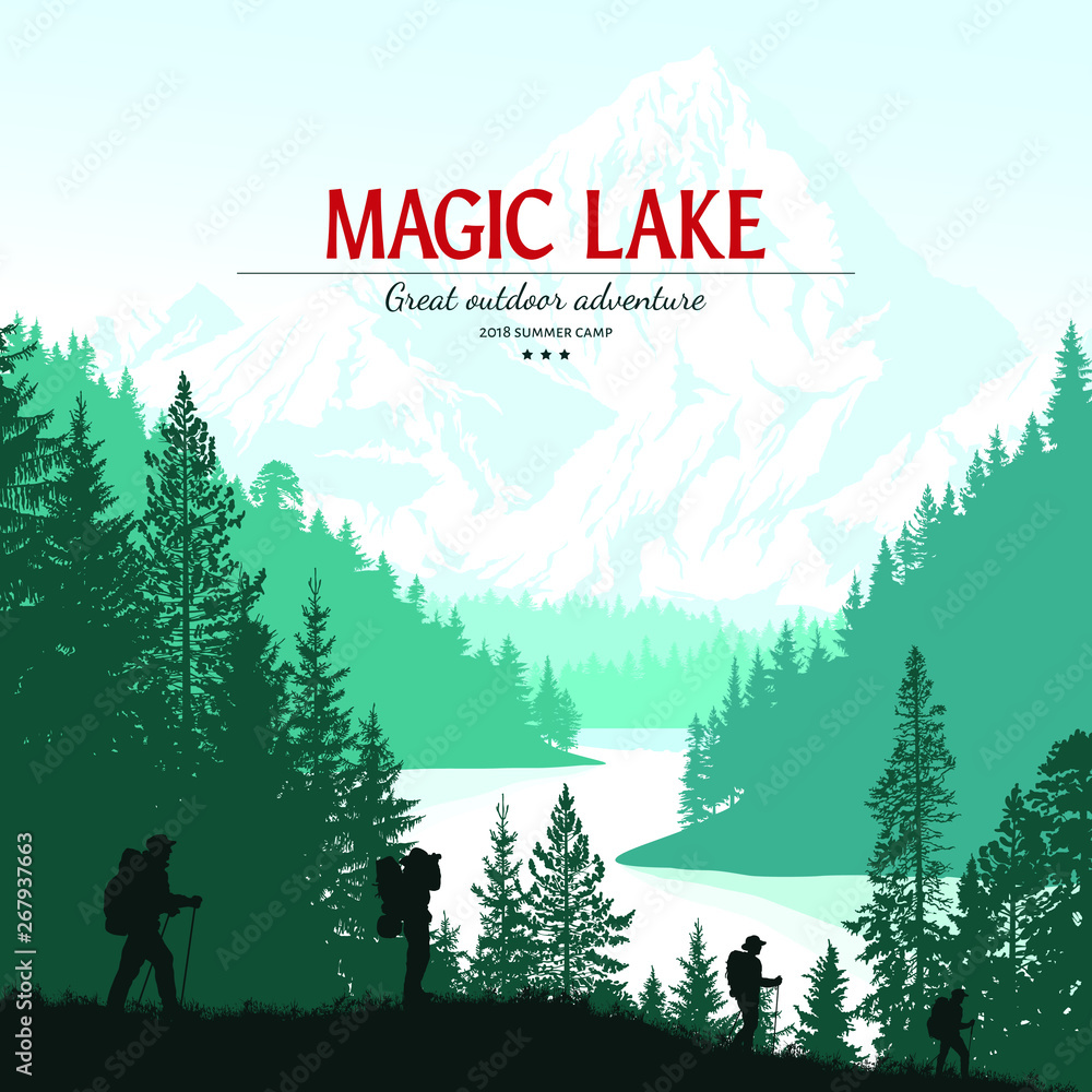 Abstract background. Forest wilderness landscape. People with backpacks silhouettes. Template for your design works. Vector illustration. - obrazy, fototapety, plakaty 