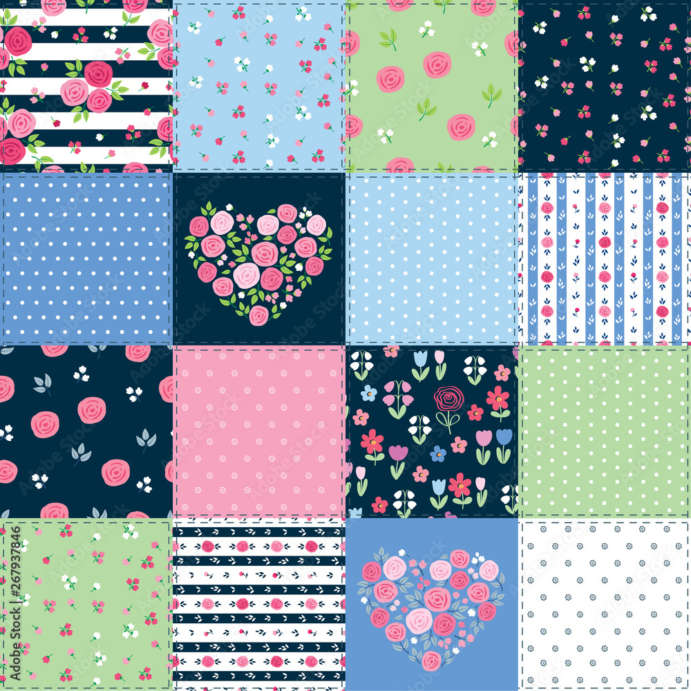 Fototapeta premium Summer patchwork background with different flowers patterns for textile, gift wrap and scrapbook. Vector illustration.
