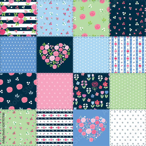 Summer patchwork background with different flowers patterns for textile, gift wrap and scrapbook. Vector illustration.