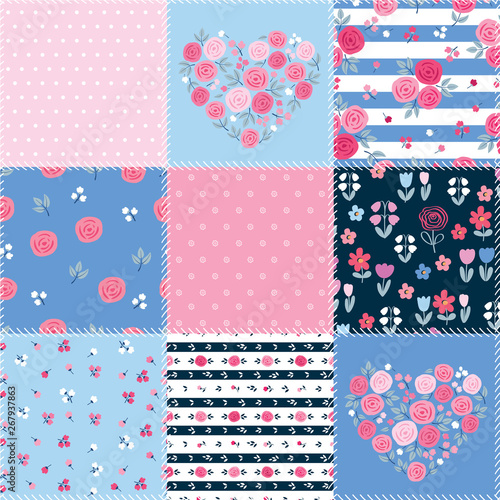 Summer patchwork background with different flowers patterns for textile, gift wrap and scrapbook. Vector illustration.