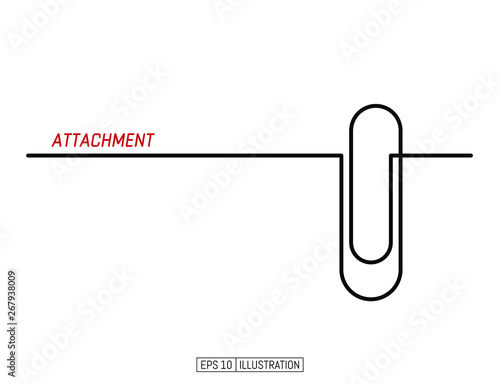 Continuous line drawing of paper clip. Attach icon. Template for your design works. Vector illustration.