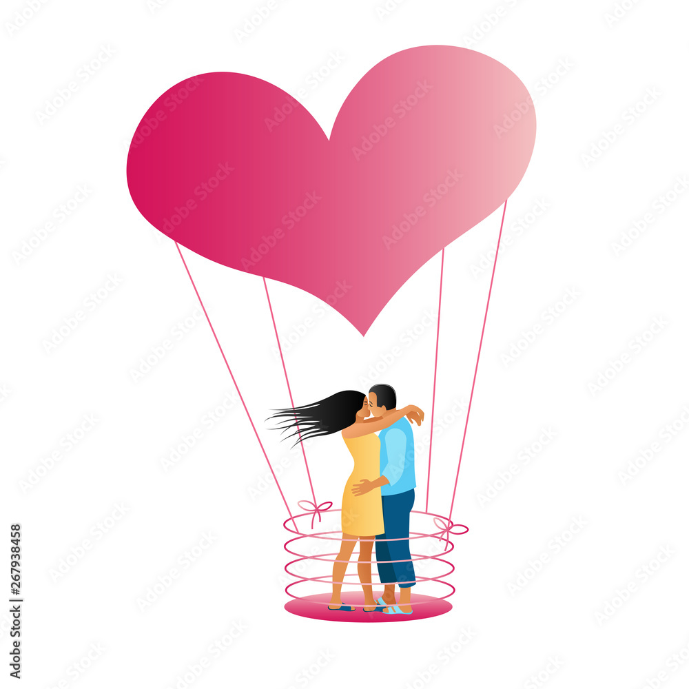 A pair of lovers kiss and cuddle in the basket of a flying balloon in the form of a large pink heart. A man and a woman hug each other. Flat style, vector illustration isolated on white background. A pair of lovers kiss and cuddle in the basket of a flying balloon in the form of a large pink heart. A man and a woman hug each other. Flat style, vector illustration isolated on white background.