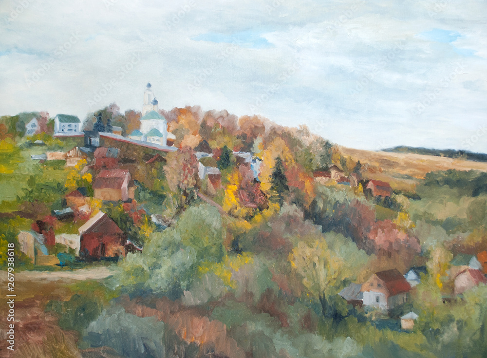 rural landscape with a church, autumn landscape