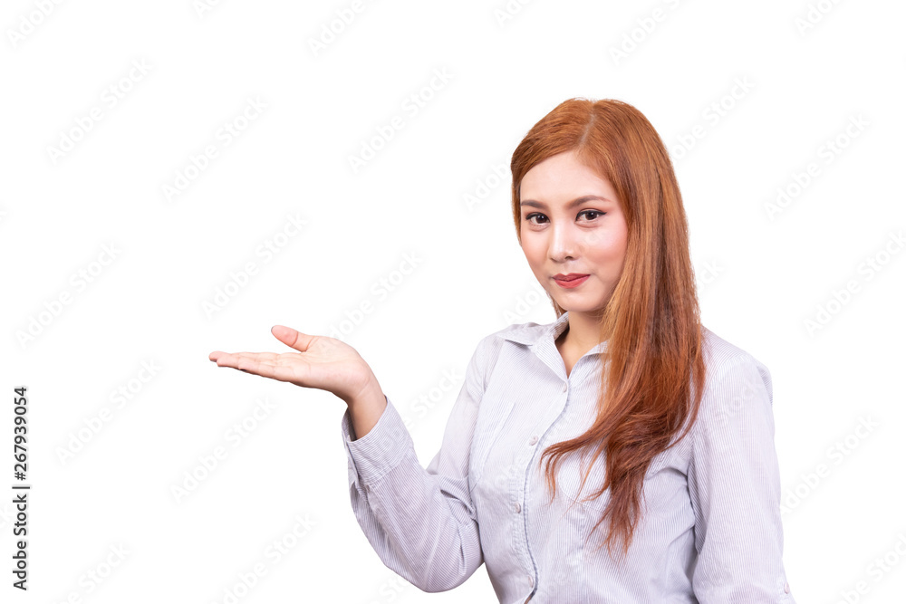 cheerful Asian woman presenting an empty copy space on the open hand palm isolated on white background with clipping path, advertising presentation for product. side view cheerful Asian woman presenting an empty copy space on the open hand palm isolated on white background with clipping path, advertising presentation for product. side view