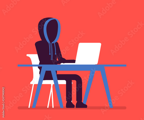 Anonymous man with hidden face at laptop. Hacker dark abstract body, covered with hood, online person not identified by name, unknown faceless user, incognito with evil intentions. Vector illustration