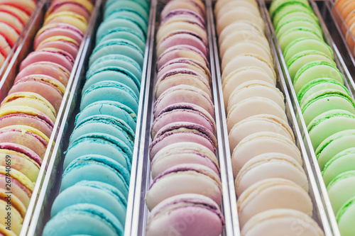 Colorful french macaroons on a market showcase