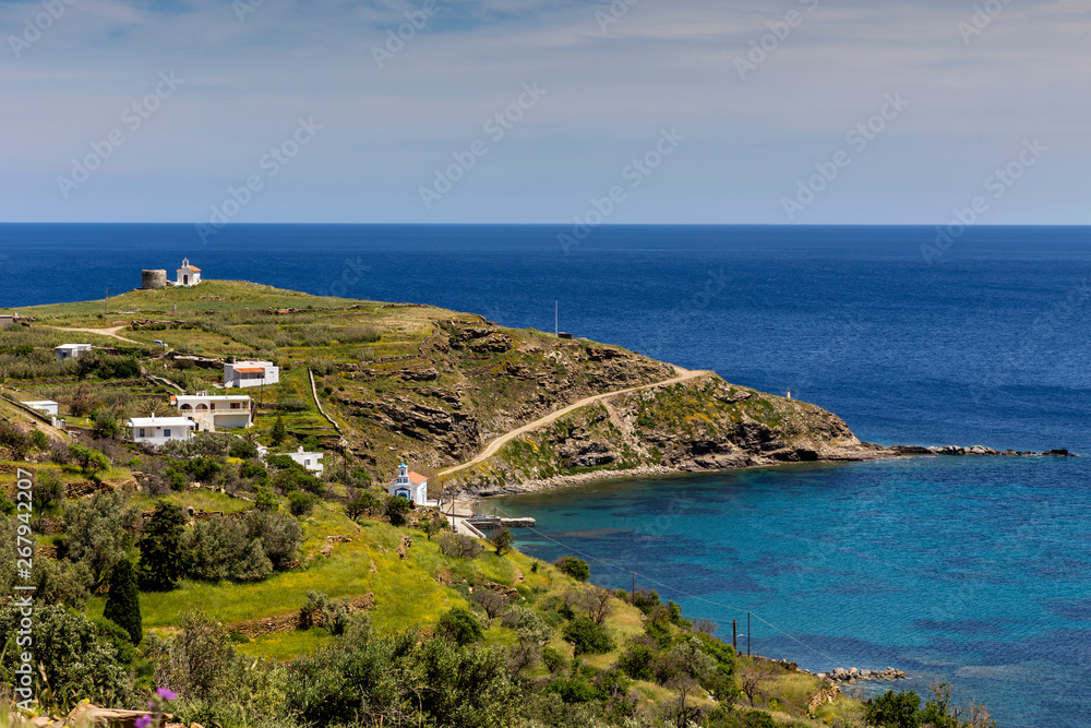 View of the mountains and the sea from the cliff (Andros Island, Greece, Cyclades)