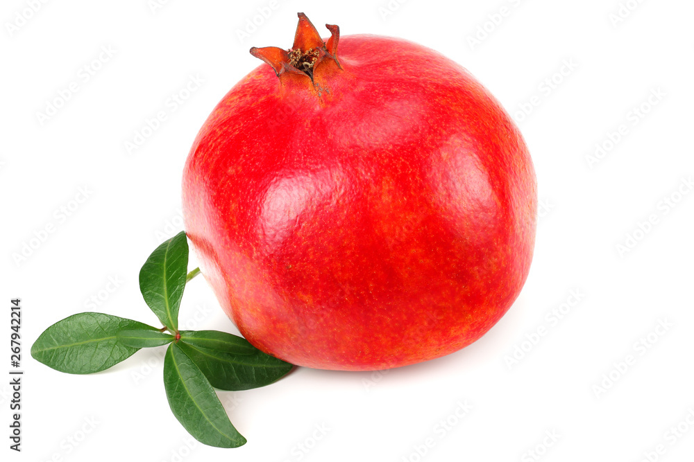 one pomegranate fruit with green leaves isolated on white background one pomegranate fruit with green leaves isolated on white background