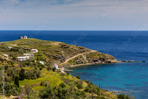 View of the mountains and the sea from the cliff (Andros Island, Greece, Cyclades)