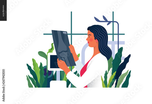 Medical tests template - x-ray test - modern flat vector concept digital illustration of x-ray image - a doctor looking at the radiograph , in the medical office or laboratory