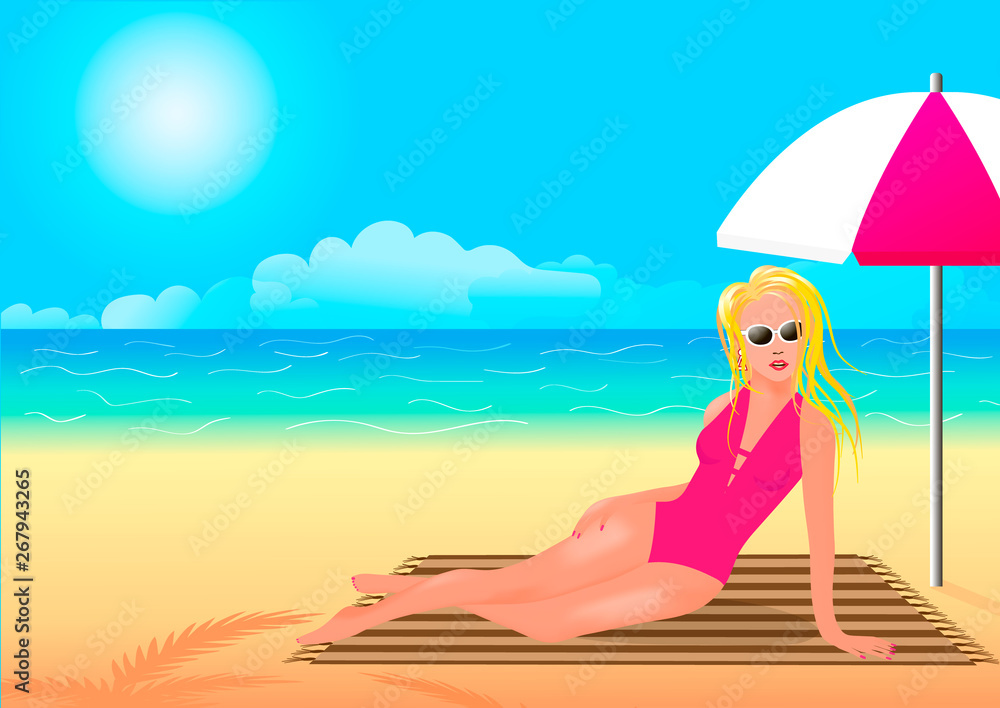 Girl in a pink bathing suit hiding from the sun under an umbrella