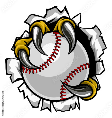 Eagle, bird or monster claw or talons holding a baseball ball and tearing through the background. Sports graphic.