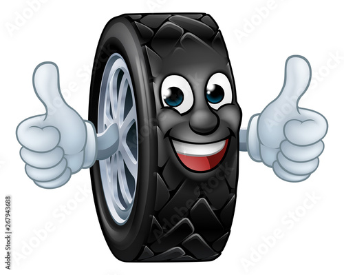A tyre cartoon car mechanic service mascot character giving a thumbs up