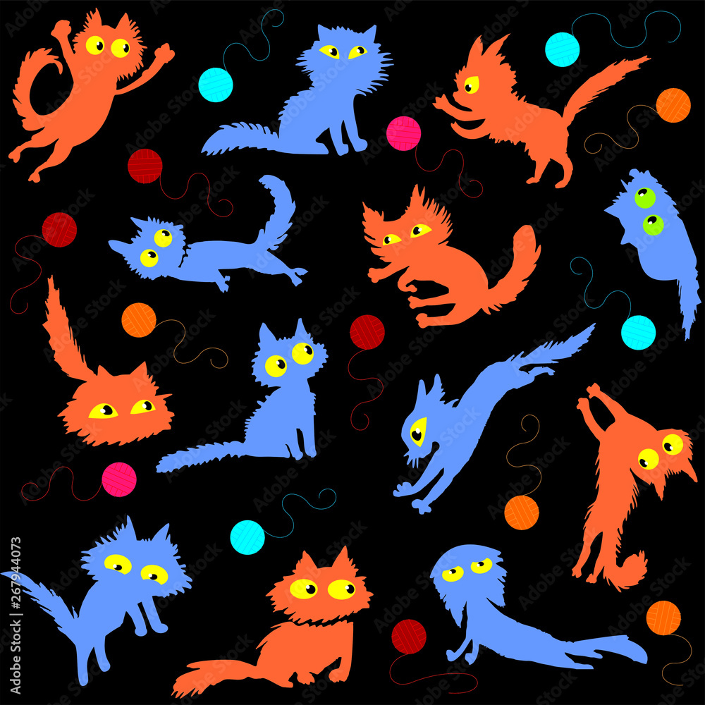 The kittens are playing with balls on a dark background, pattern