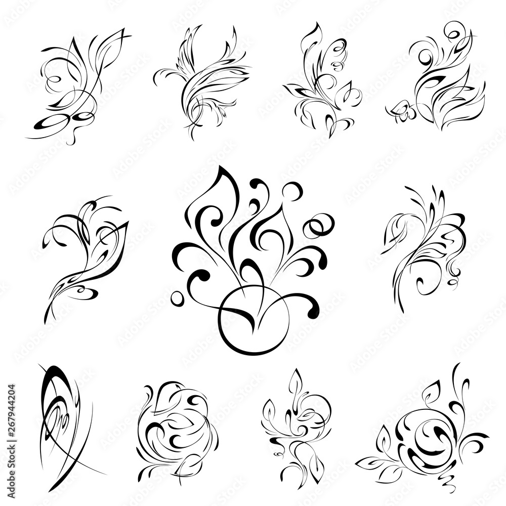 abstract decorative elements in black lines on a white background. SET abstract decorative elements in black lines on a white background. SET