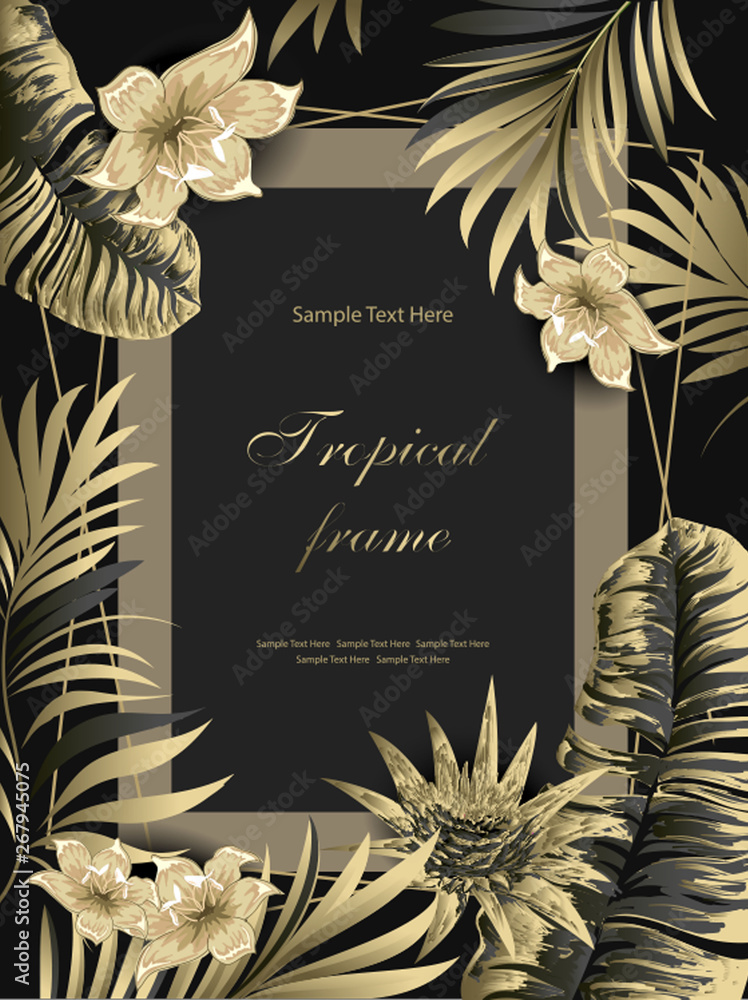 Palms with flowers golden on black background. Vector card. Template. Thank  you. Blank wedding invitation, greeting card, banner. Decorative frame.  Stock Vector | Adobe Stock