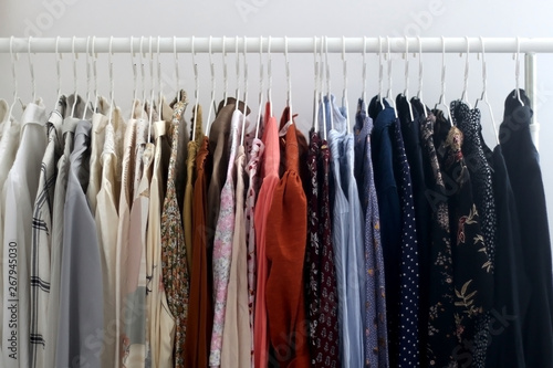 Colorful tops and blouses on a clothes rack. Quirky and whimsical wardrobe. Front view.