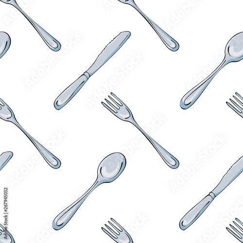 Hand drawn seamless pattern with Kitchen Utensils. Original doodle style drawing for actual design.