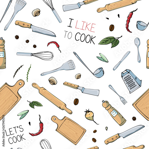 Hand drawn seamless pattern with Kitchen Utensils. Original doodle style drawing for actual design.