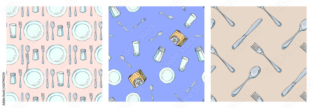 Fototapeta premium Set of hand drawn seamless pattern with Kitchen Utensils. Original doodle style drawing for actual design.