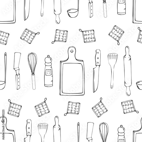 Hand drawn seamless pattern with Kitchen Utensils.Original doodle style drawing for actual design. Creative ink art work