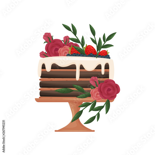 Chocolate striped cake with white icing. Decorated with flowers, strawberries and blueberries. Vector illustration on white background.