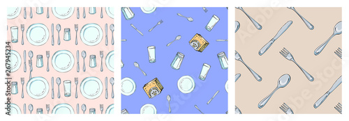 Set of hand drawn seamless pattern with Kitchen Utensils. Original doodle style drawing for actual design.
