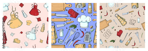 Set of hand drawn seamless pattern with Kitchen Utensils. Original doodle style drawing for actual design.