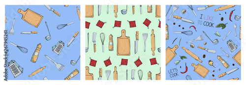 Set of hand drawn seamless pattern with Kitchen Utensils. Original doodle style drawing for actual design.