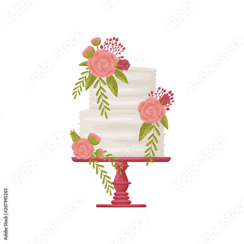 Two-level white cake with pink flowers. Vector illustration on white background.