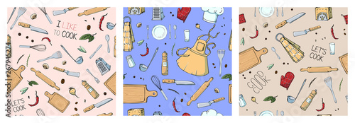 Set of hand drawn seamless pattern with Kitchen Utensils. Original doodle style drawing for actual design.